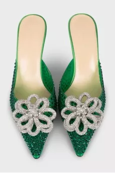 Green mules decorated with rhinestones