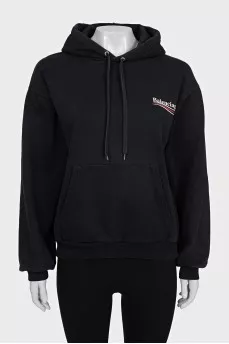 Black hoodie with logo on the back