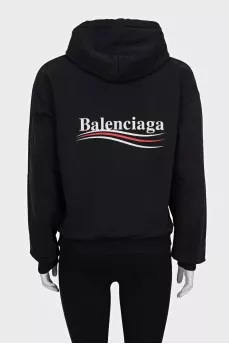 Black hoodie with logo on the back