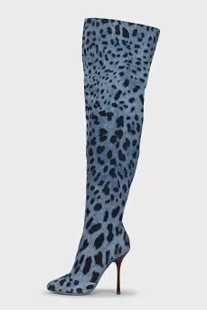 Animal print denim over-the-knee boots