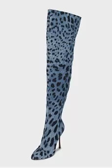 Animal print denim over-the-knee boots