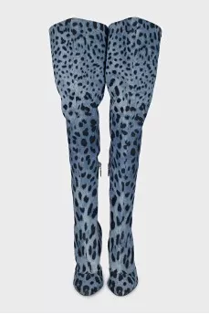 Animal print denim over-the-knee boots
