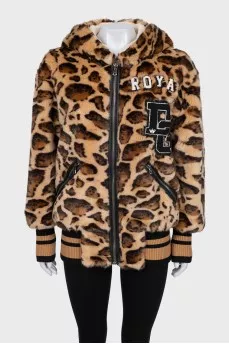 Animal print bomber jacket with accent hood