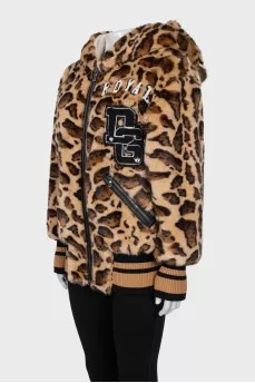 Animal print bomber jacket with accent hood