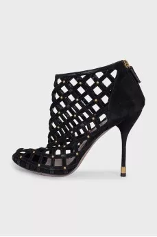 Black suede fishnet sandals