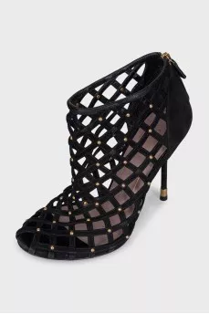 Black suede fishnet sandals