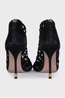 Black suede fishnet sandals