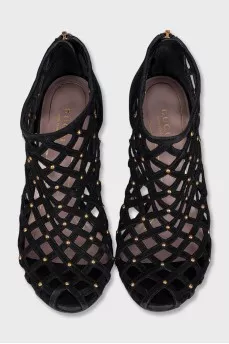 Black suede fishnet sandals