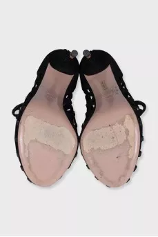 Black suede fishnet sandals