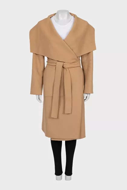Brown wool and cashmere coat with belt