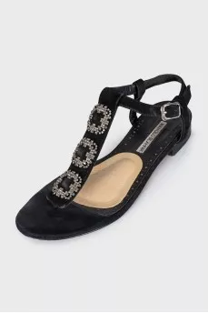 Black suede sandals with rhinestones