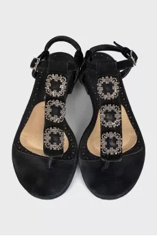 Black suede sandals with rhinestones