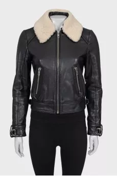 Cropped leather jacket with detachable collar