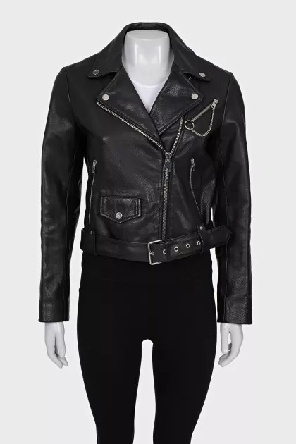 Cropped leather jacket with belt