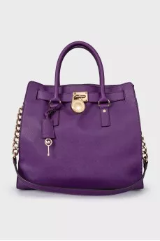 Purple leather tote bag