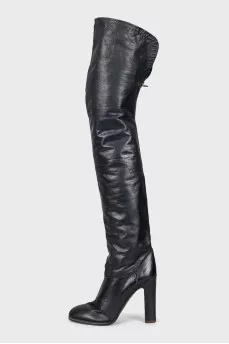 Leather over-the-knee boots with a stacked heel