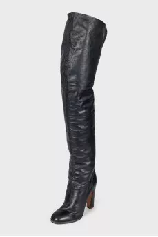Leather over-the-knee boots with a stacked heel