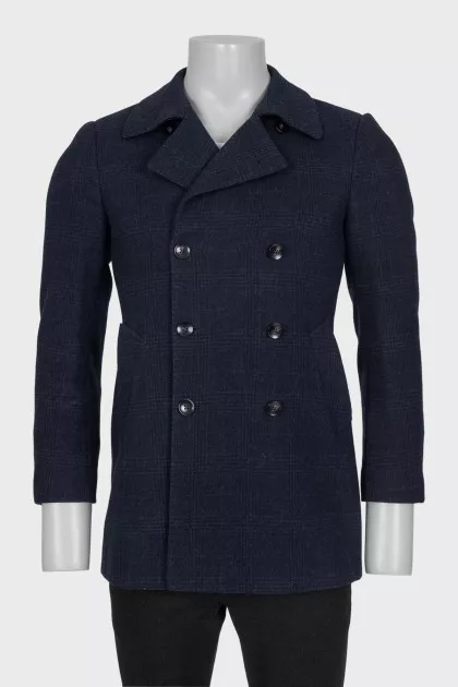 Men's blue checked wool coat