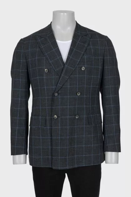 Men's gray jacket with a blue check pattern