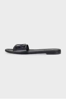 Black leather flip-flops with brand logo