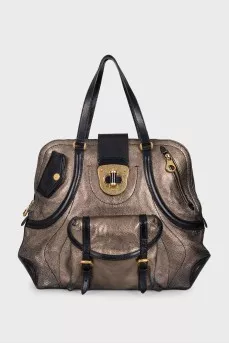 Gold leather tote with patch pockets