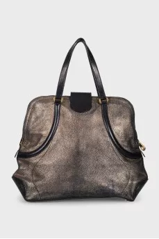 Gold leather tote with patch pockets