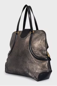 Gold leather tote with patch pockets