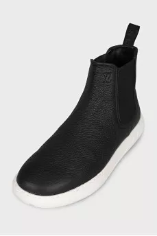 Men's black leather boots with logo