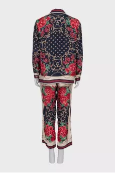 Silk suit consisting of a shirt and printed trousers