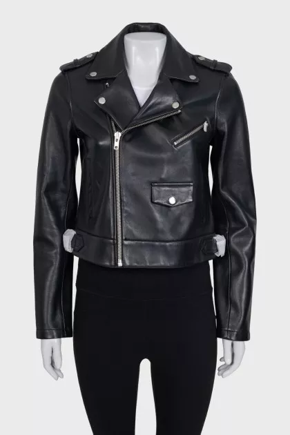 Black leather jacket with tag