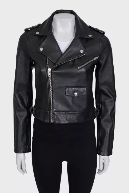 Black leather jacket with silver hardware and tag