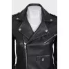 Black leather jacket with silver hardware and tag