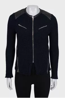 Zip-up cardigan with leather inserts