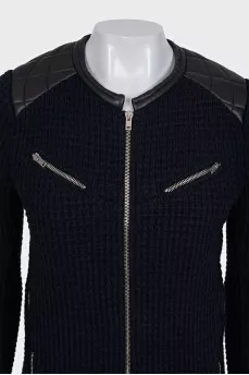 Zip-up cardigan with leather inserts