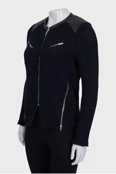 Zip-up cardigan with leather inserts