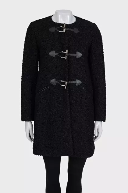 Black collarless coat