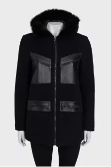 Black coat with a fur hood