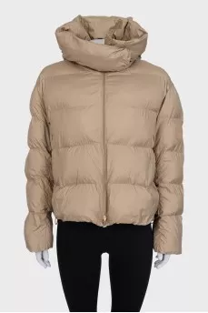 Beige down jacket with a hood