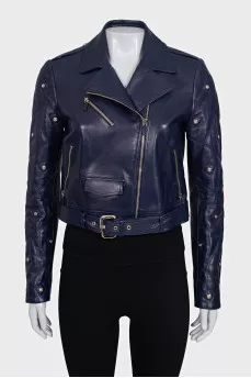Blue leather jacket with a zipper