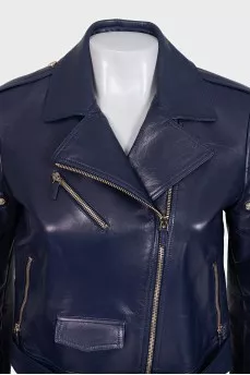 Blue leather jacket with a zipper