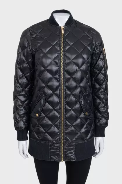 Long black down jacket with a zipper