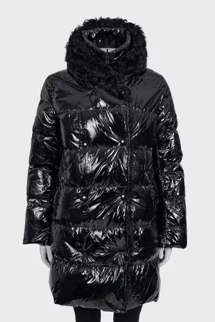 Straight down jacket with removable fur trim