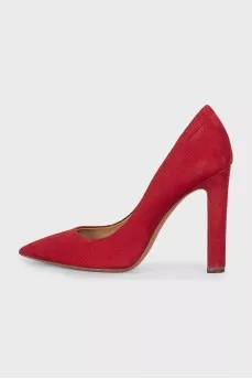 Red suede shoes with a small print