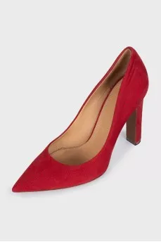 Red suede shoes with a small print