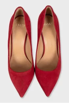 Red suede shoes with a small print