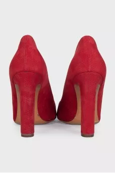 Red suede shoes with a small print