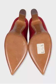 Red suede shoes with a small print