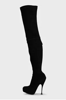 Black suede over-the-knee boots with a zipper