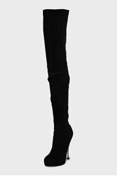 Black suede over-the-knee boots with a zipper