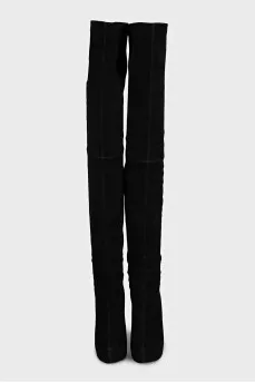Black suede over-the-knee boots with a zipper